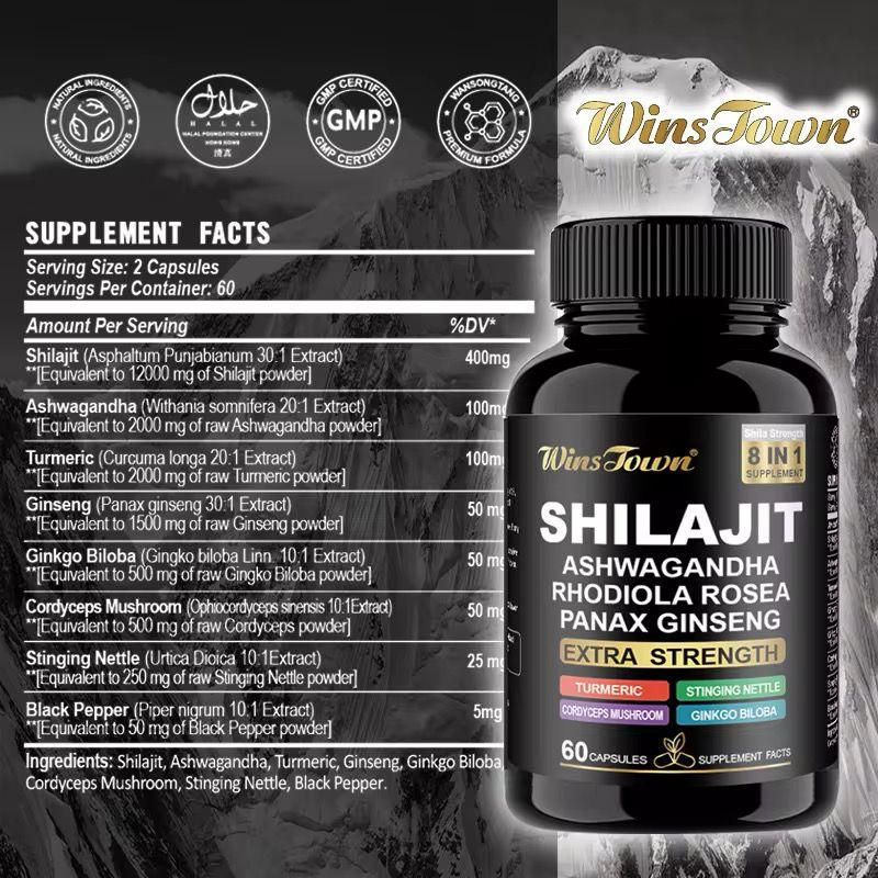 SHILAJIT 8 IN 1 Supplements with Ashwagandha, Rhodiola Rosea and Panax ginseng For Extra Strength, Promote Brain Health, Boost Energy & Vitality, and Support Overall Health