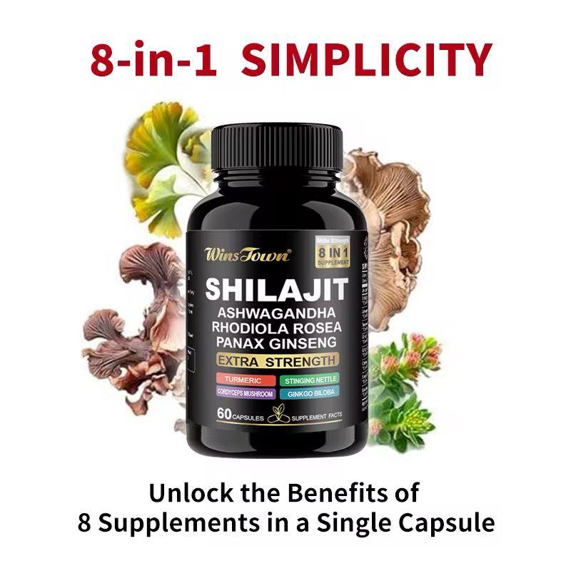 SHILAJIT 8 IN 1 Supplements with Ashwagandha, Rhodiola Rosea and Panax ginseng For Extra Strength, Promote Brain Health, Boost Energy & Vitality, and Support Overall Health