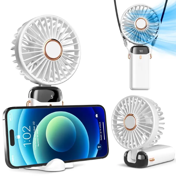 USB Handheld Mini Fan Foldable Portable Neck Hanging Fans LED Digital Display 90°Phone Stand Adjustable Desktop Charging Fan 5 Speed USB Fan
