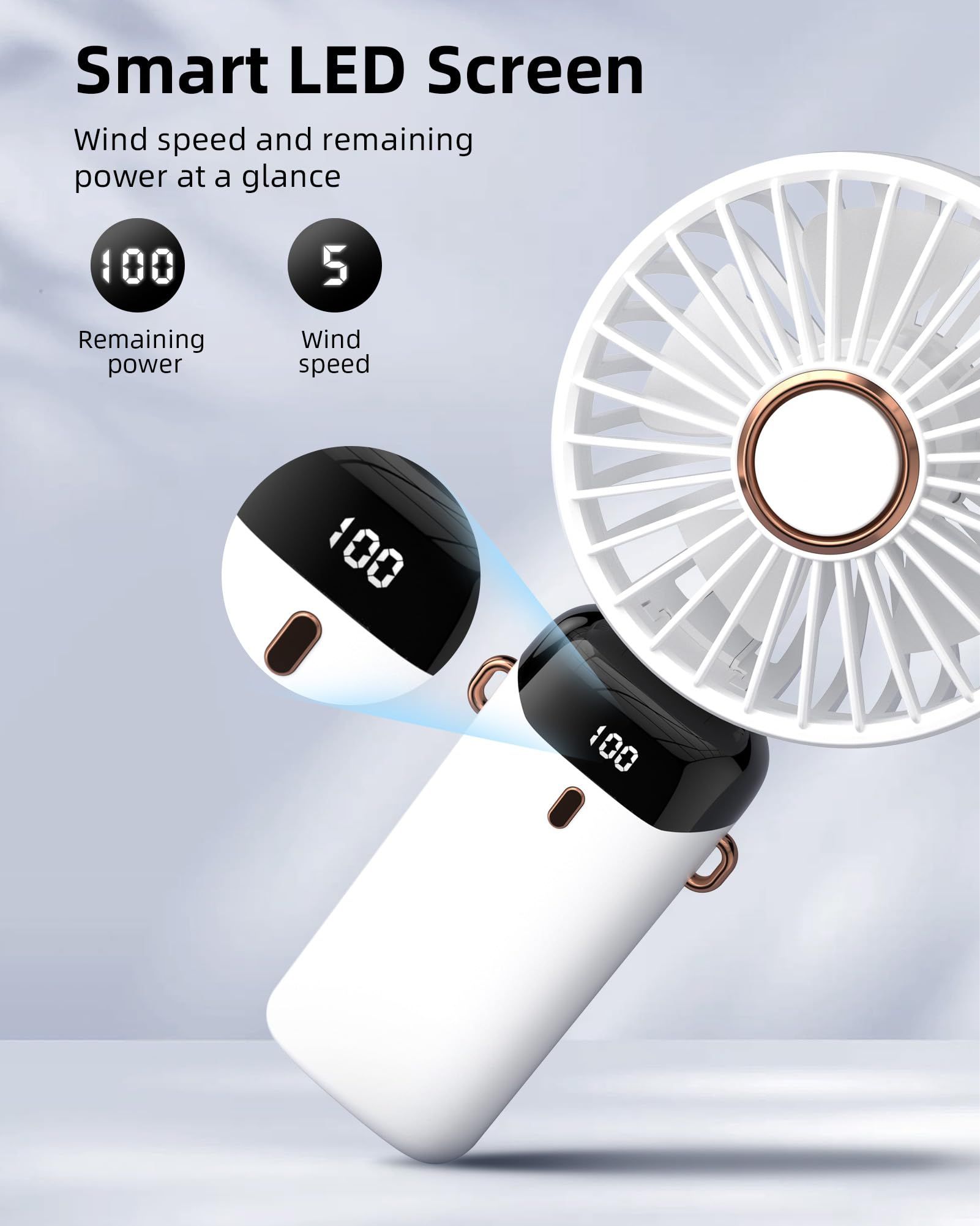 USB Handheld Mini Fan Foldable Portable Neck Hanging Fans LED Digital Display 90°Phone Stand Adjustable Desktop Charging Fan 5 Speed USB Fan