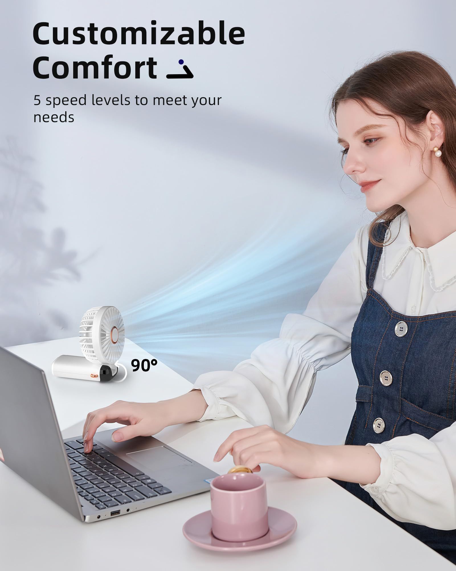USB Handheld Mini Fan Foldable Portable Neck Hanging Fans LED Digital Display 90°Phone Stand Adjustable Desktop Charging Fan 5 Speed USB Fan