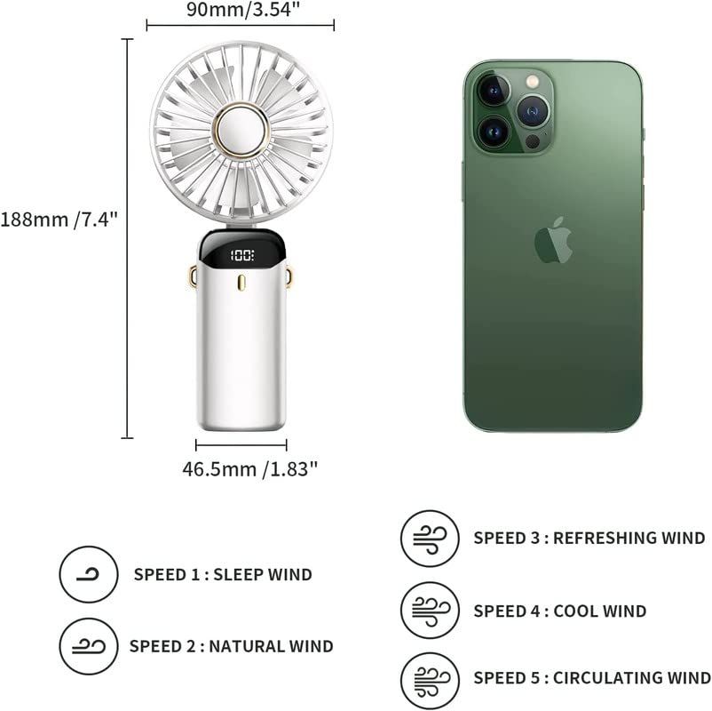 USB Handheld Mini Fan Foldable Portable Neck Hanging Fans LED Digital Display 90°Phone Stand Adjustable Desktop Charging Fan 5 Speed USB Fan