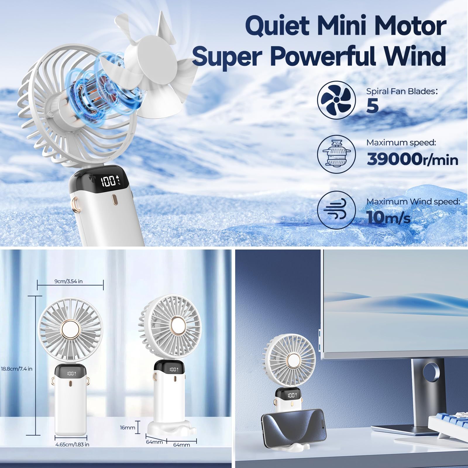 USB Handheld Mini Fan Foldable Portable Neck Hanging Fans LED Digital Display 90°Phone Stand Adjustable Desktop Charging Fan 5 Speed USB Fan