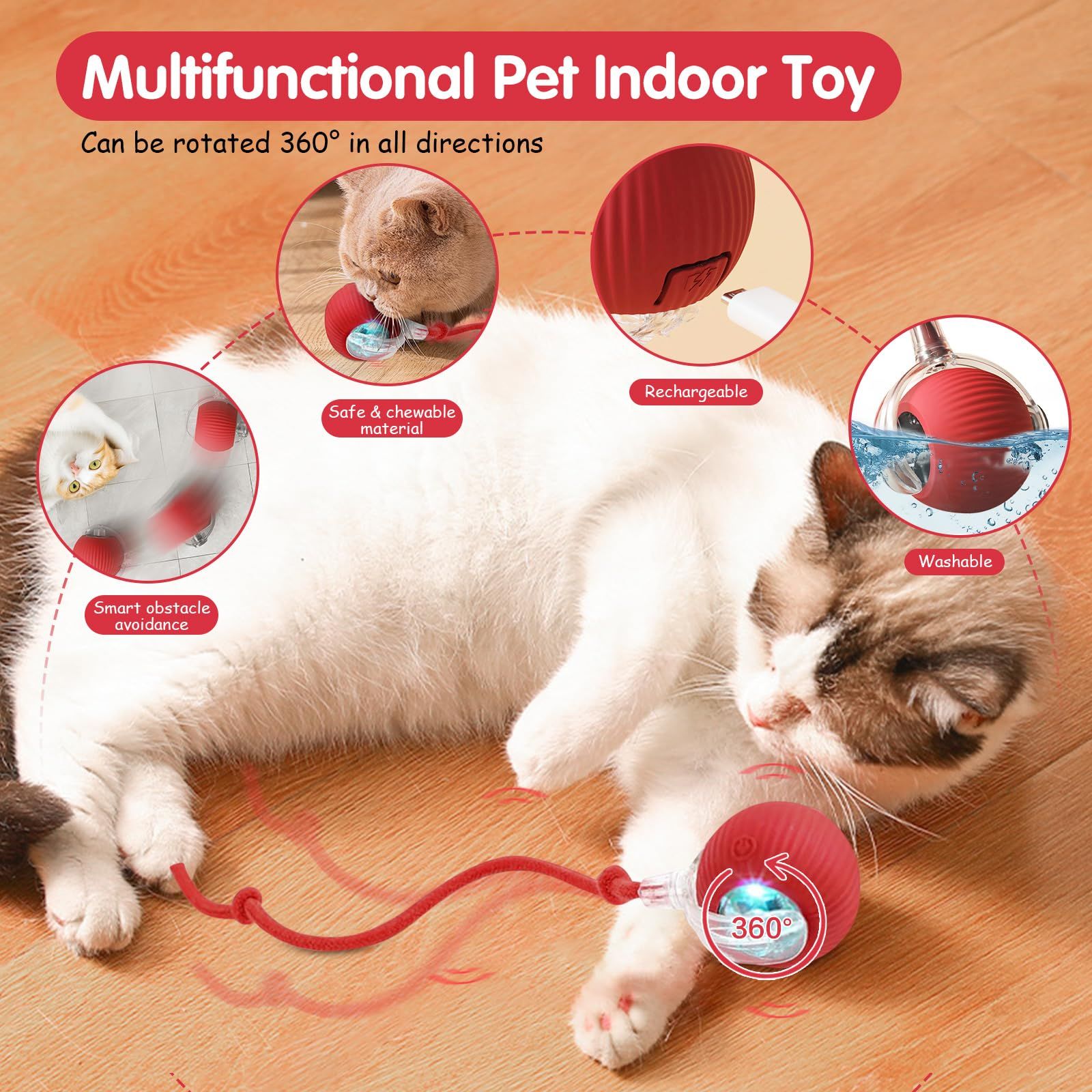 Smart Cat Teaser Ball Interactive Cat Toys LED Lights Obstacle Avoid USB Charging Multiple Sports Modes Jumping Ball Automatic Cat Teaser Ball Small Dog Toy Pet Excercise Cat Training Playing Cat Toy