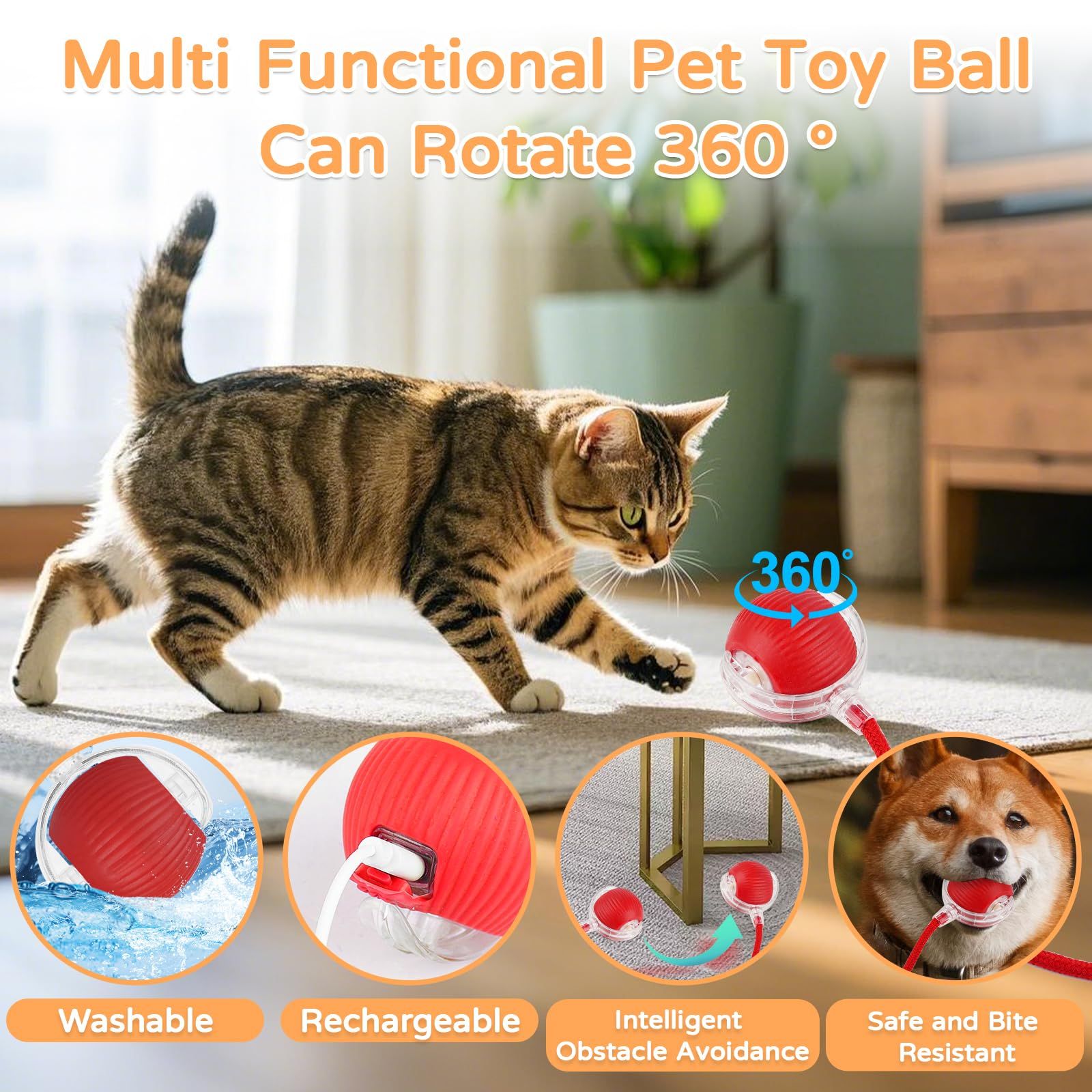 Smart Cat Teaser Ball Interactive Cat Toys LED Lights Obstacle Avoid USB Charging Multiple Sports Modes Jumping Ball Automatic Cat Teaser Ball Small Dog Toy Pet Excercise Cat Training Playing Cat Toy