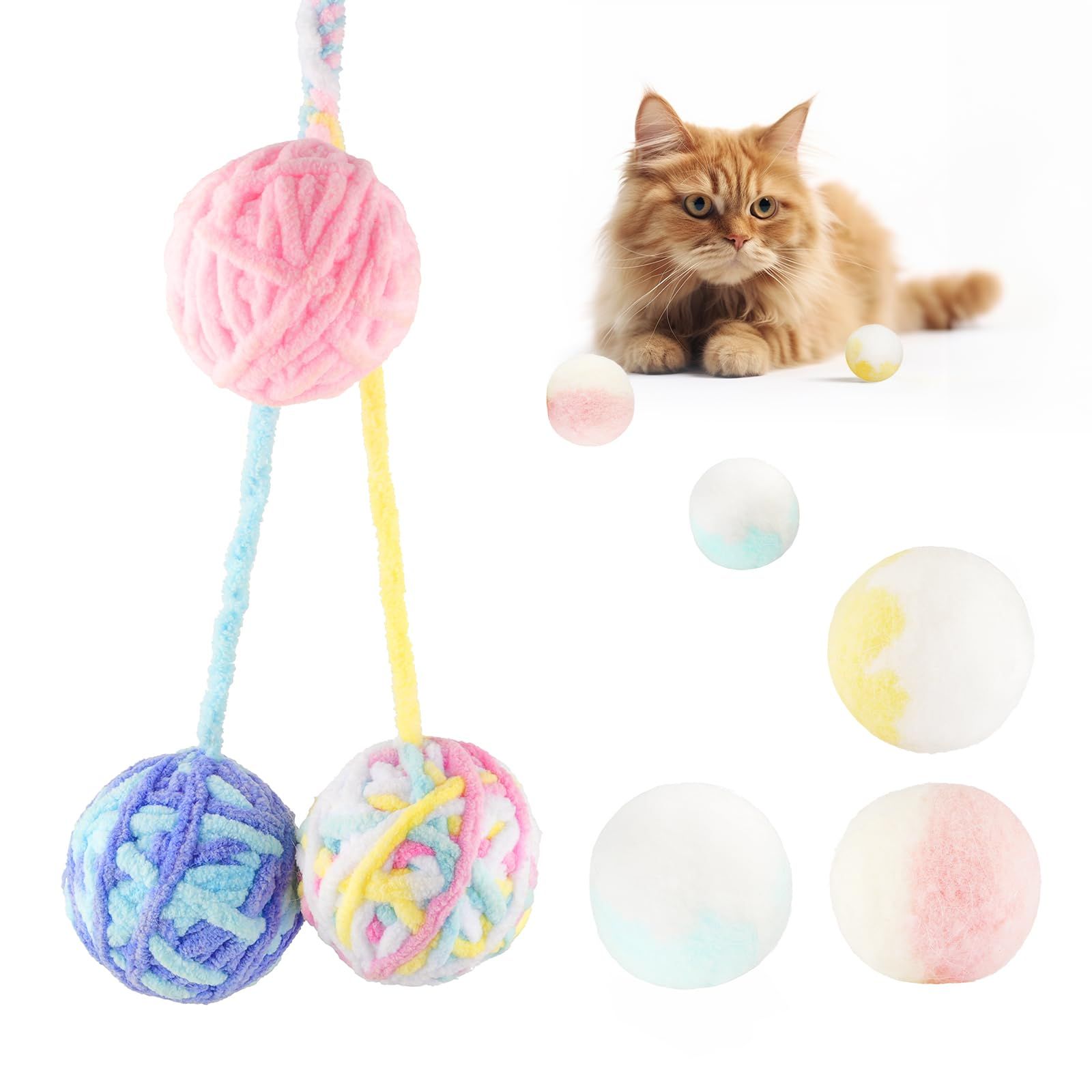 3/5 Pcs Multi-Colored Fuzzy Balls and Woolen Yarn Cat Toy Balls with Bell Inside and String Colorful Yarn Balls for Indoor Cats Interactive Playing Soft Interactive Cat Toys for Indoor Self Play