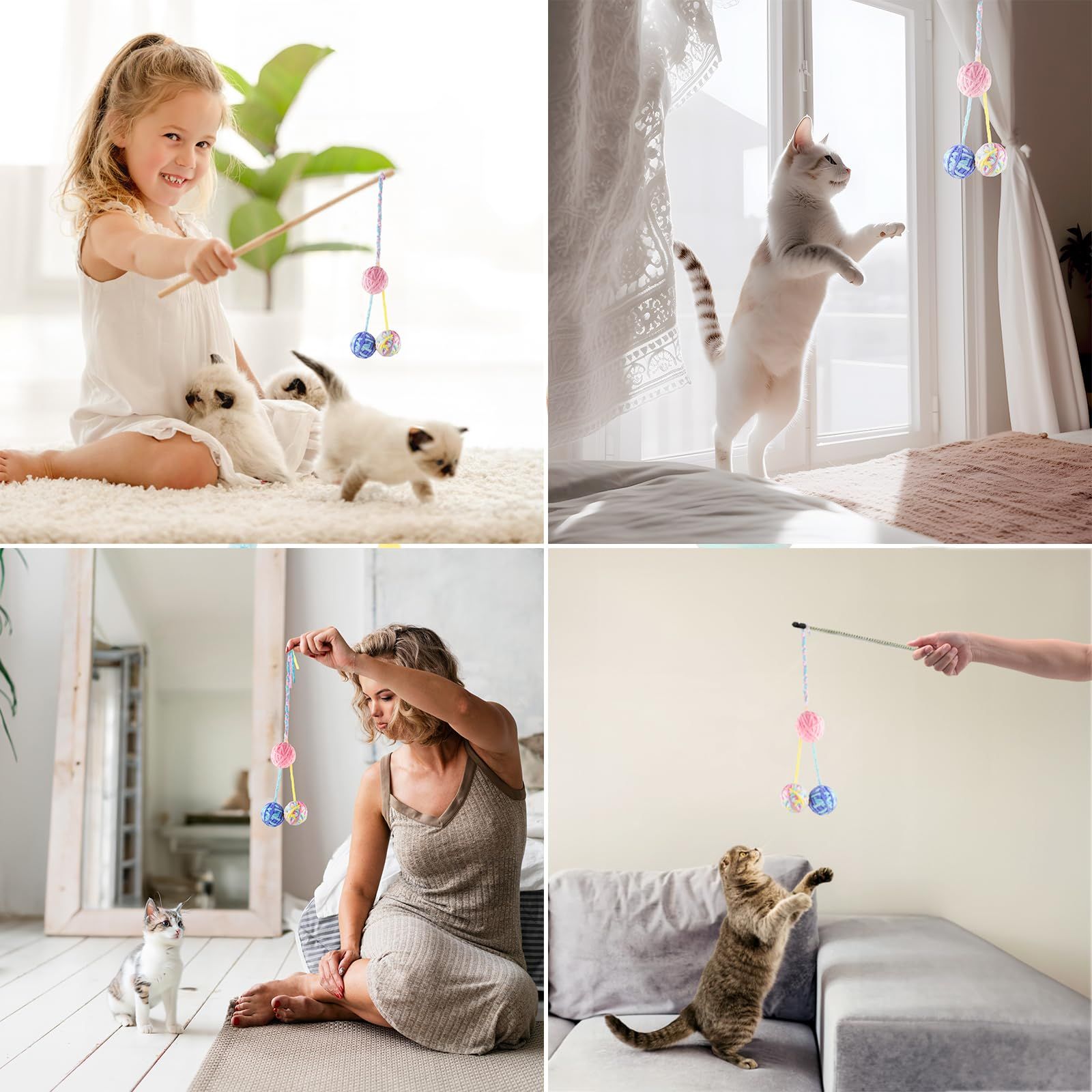3/5 Pcs Multi-Colored Fuzzy Balls and Woolen Yarn Cat Toy Balls with Bell Inside and String Colorful Yarn Balls for Indoor Cats Interactive Playing Soft Interactive Cat Toys for Indoor Self Play