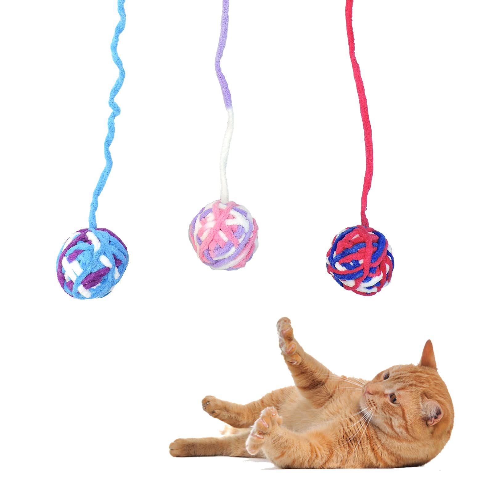 3/5 Pcs Multi-Colored Fuzzy Balls and Woolen Yarn Cat Toy Balls with Bell Inside and String Colorful Yarn Balls for Indoor Cats Interactive Playing Soft Interactive Cat Toys for Indoor Self Play