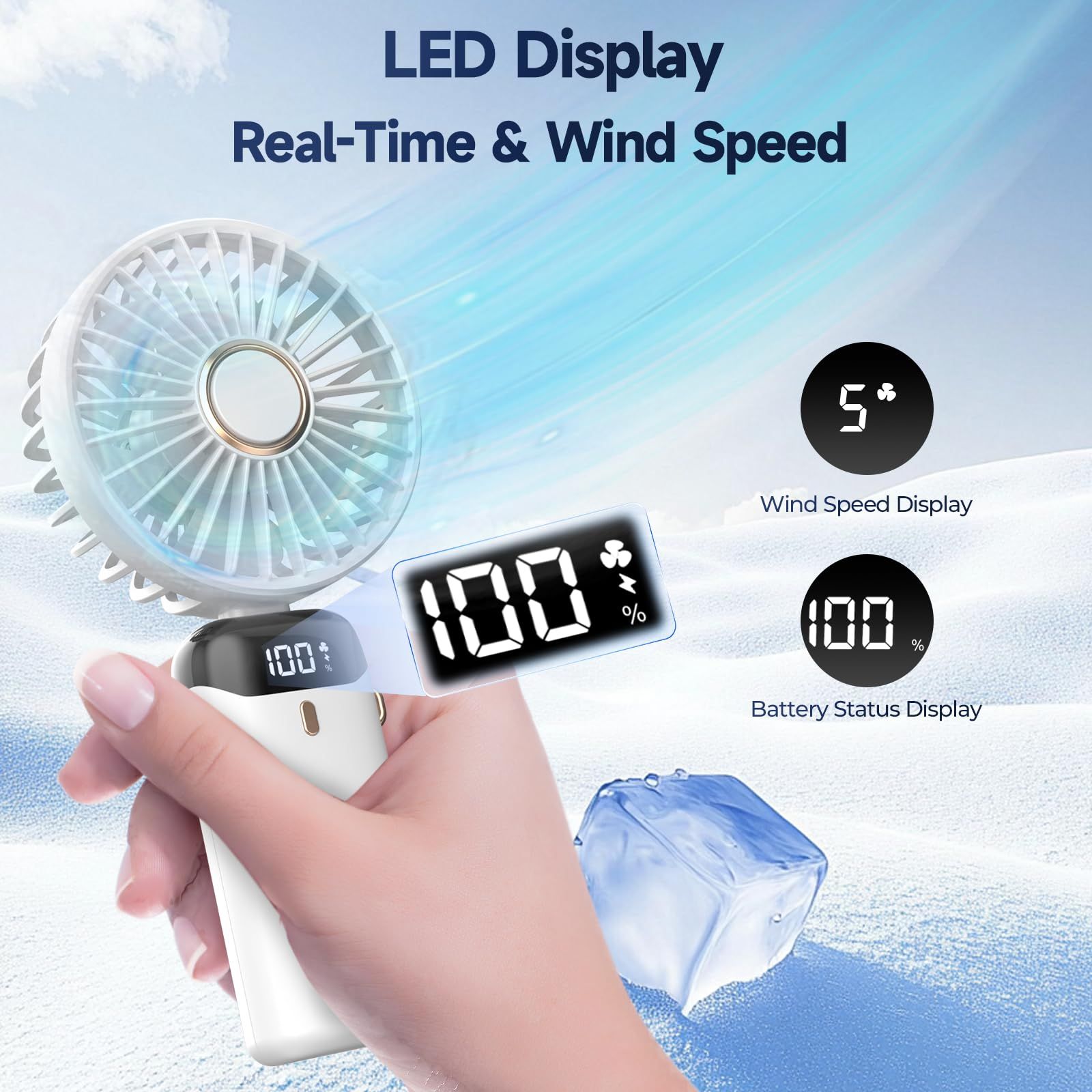 Hand Held Fan,Portable Handheld USB Rechargeable Fans with 5 Speeds,Battery Operated Mini Fan Foldable Desk Desktop Fans with LED Display for Home Office Bedroom Outdoor Travel Useful Gift