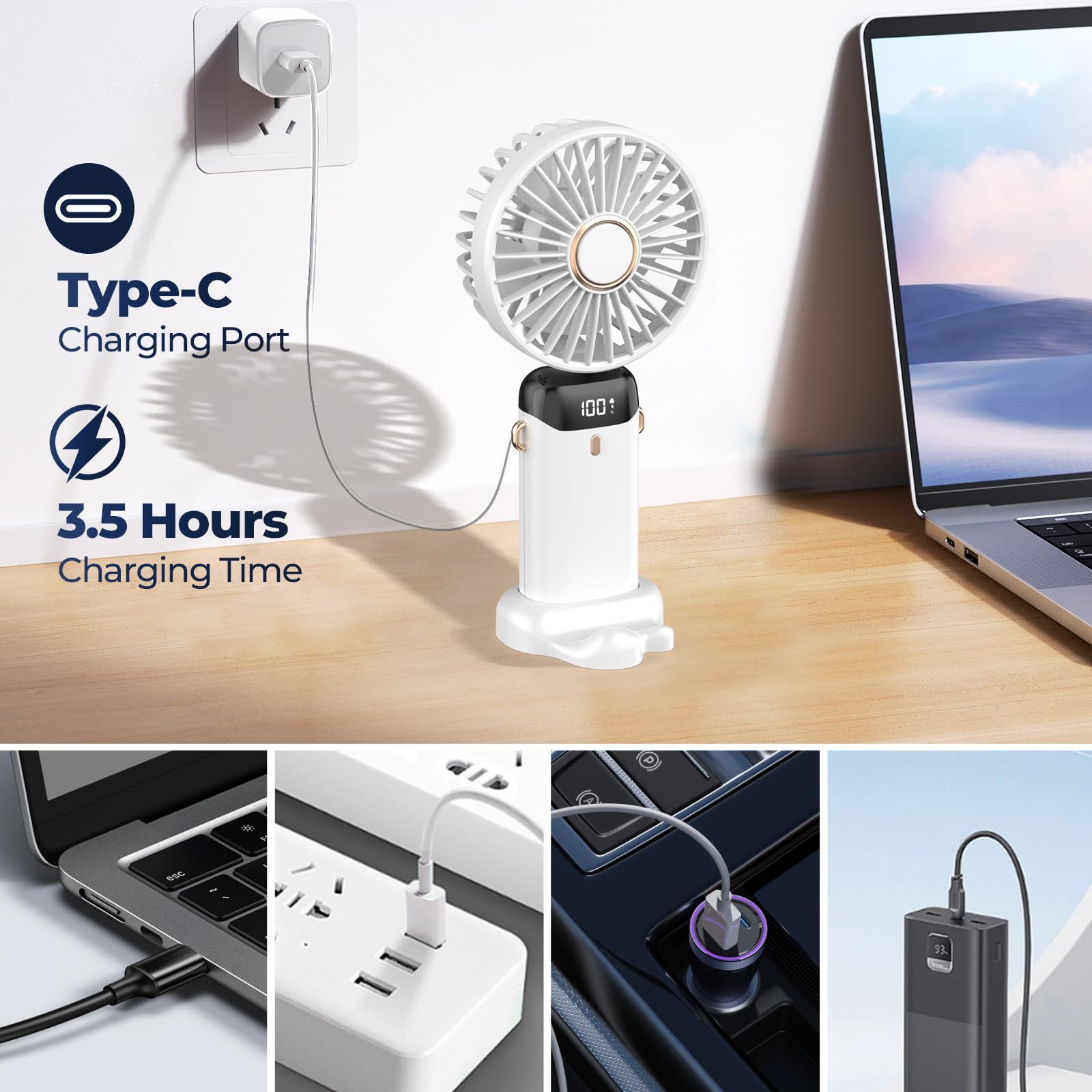 Hand Held Fan,Portable Handheld USB Rechargeable Fans with 5 Speeds,Battery Operated Mini Fan Foldable Desk Desktop Fans with LED Display for Home Office Bedroom Outdoor Travel Useful Gift