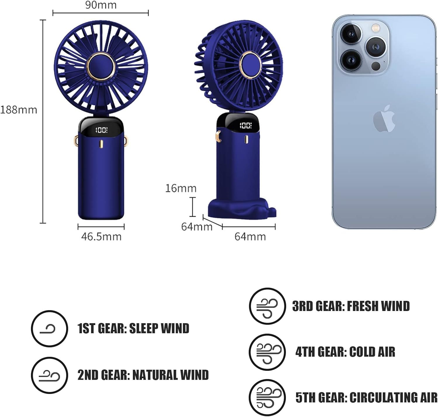 Hand Held Fan,Portable Handheld USB Rechargeable Fans with 5 Speeds,Battery Operated Mini Fan Foldable Desk Desktop Fans with LED Display for Home Office Bedroom Outdoor Travel Useful Gift
