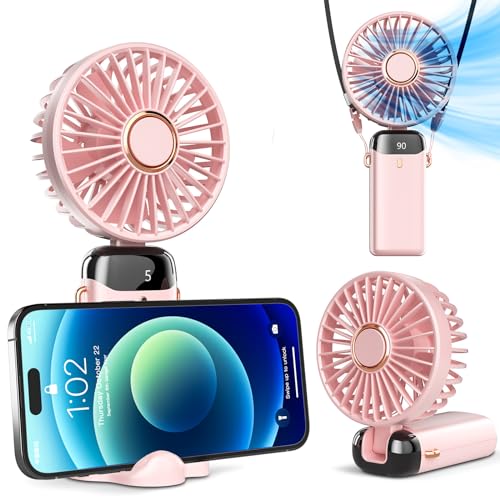 Hand Held Fan,Portable Handheld USB Rechargeable Fans with 5 Speeds,Battery Operated Mini Fan Foldable Desk Desktop Fans with LED Display for Home Office Bedroom Outdoor Travel Useful Gift