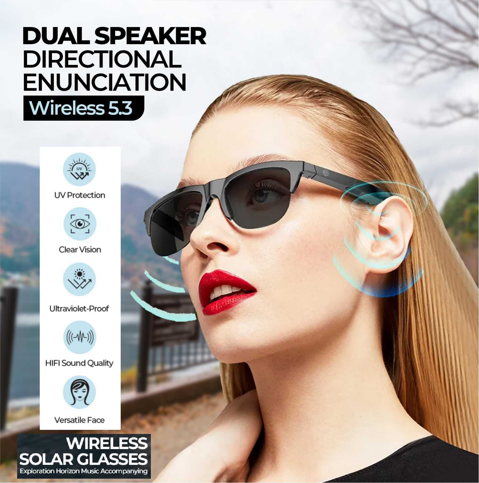 Smart Glasses V5.3 Bluetooth Sunglasses with Open Ear Speaker Headset Headphone Sunglasses Indoor Outdoor Bluetooth Speaker Sports UV Sun Protection Polarized Sunglasses Mens Women Audio Glasses