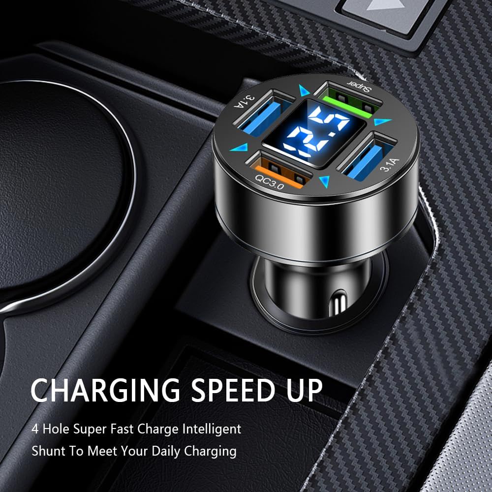 Max 160W Car Charger,4 Ports Super Fast Car Charger Adapter with Voltmeter,QC3.0/Super Port Cigarette Lighter USB Charger
