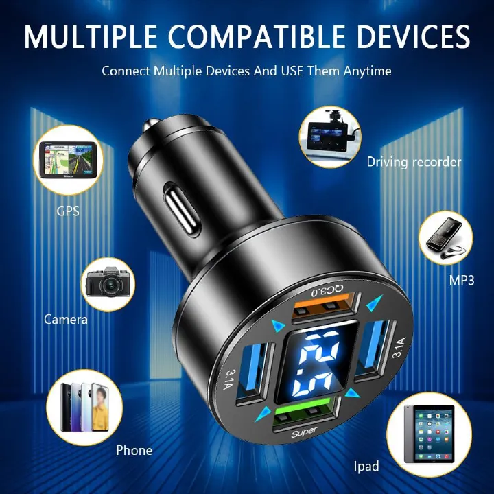 Max 160W Car Charger,4 Ports Super Fast Car Charger Adapter with Voltmeter,QC3.0/Super Port Cigarette Lighter USB Charger