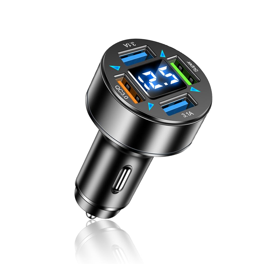 Max 160W Car Charger,4 Ports Super Fast Car Charger Adapter with Voltmeter,QC3.0/Super Port Cigarette Lighter USB Charger