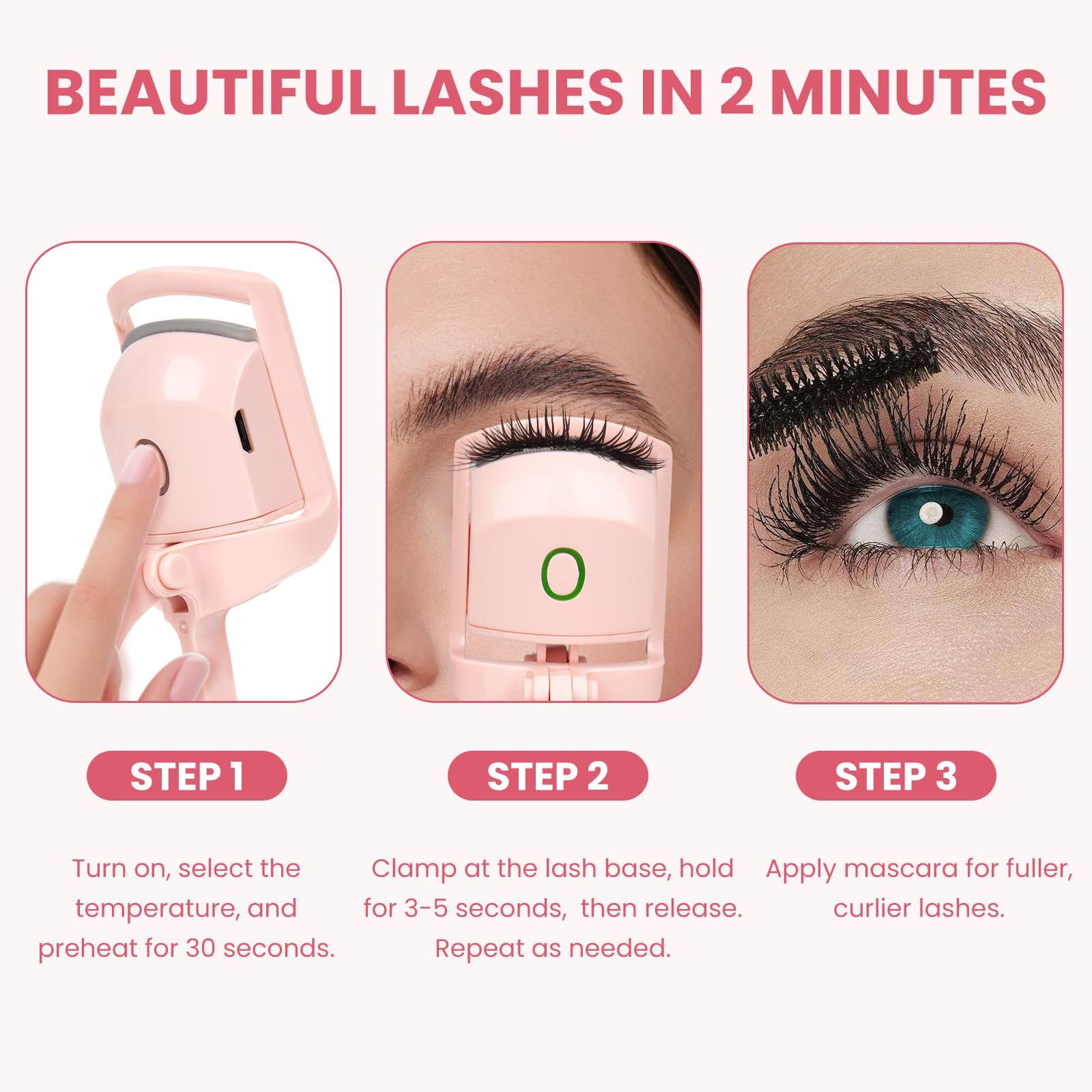 Portable Electric Heated Eyelash Curler USB Rechargeable Heated Lash Curler with Quick HeatUp MultiTemp Settings Natural Curl AntiScald Silicone Long Lasting Curling Eyelash Makeup