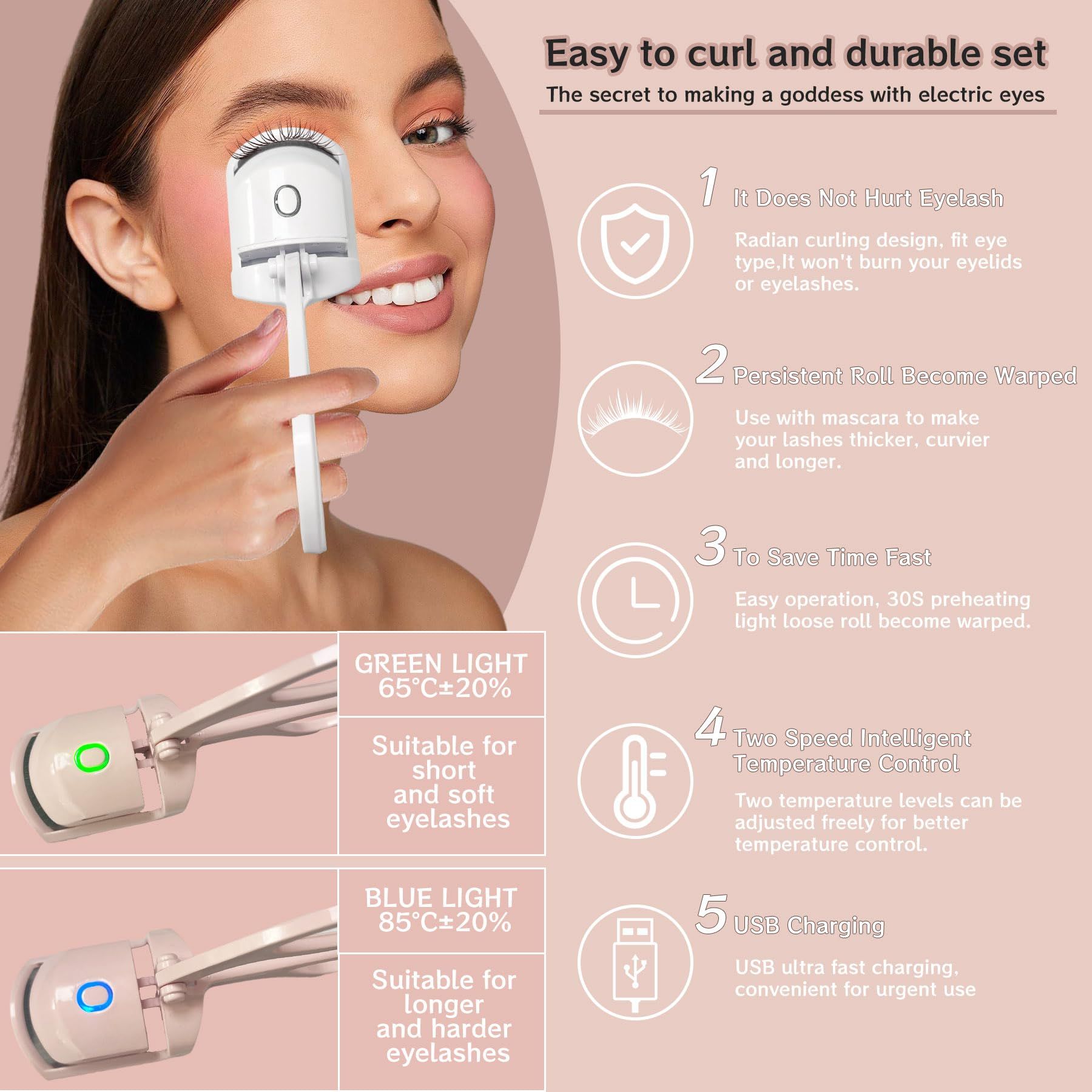 Portable Electric Heated Eyelash Curler USB Rechargeable Heated Lash Curler with Quick HeatUp MultiTemp Settings Natural Curl AntiScald Silicone Long Lasting Curling Eyelash Makeup