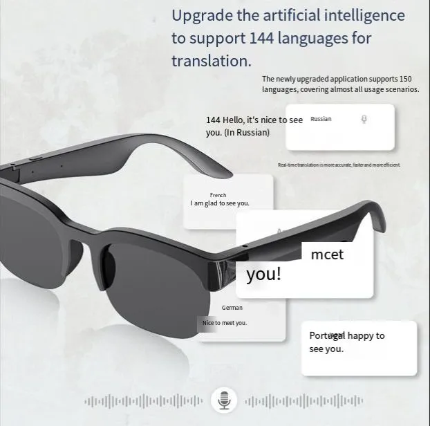 New Smart Translator Glasses Wireless Bluetooth Glasses With Microphone Earphone Glasses Bluetooth Glasses with 144 Translation UV Protection IPX5 Waterproof Music Calling for Travel Work Fashion Gift