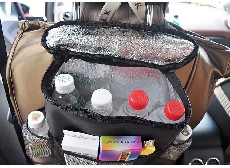 Multifunction Car Seat Organizer and Cooler Set Multi-Pocket Travel Insulated Drinks Holder Cooler Storage Bag Cool Wrap Bottle Bag with Mesh Pockets Heat-Preservation Waterproof Bigger-Capacity