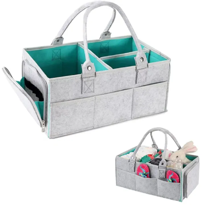 Upgrade Baby Diaper Caddy Organizer with Lid Large Diaper Basket Organizer Portable Tote Storage Bag for Travel Car Changing Table Nursery Foldable Felt Nursery Storage Bag Flexible Compartments