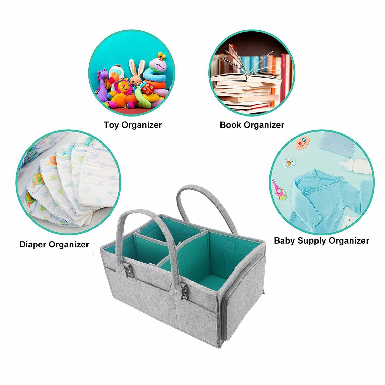 Upgrade Baby Diaper Caddy Organizer with Lid Large Diaper Basket Organizer Portable Tote Storage Bag for Travel Car Changing Table Nursery Foldable Felt Nursery Storage Bag Flexible Compartments