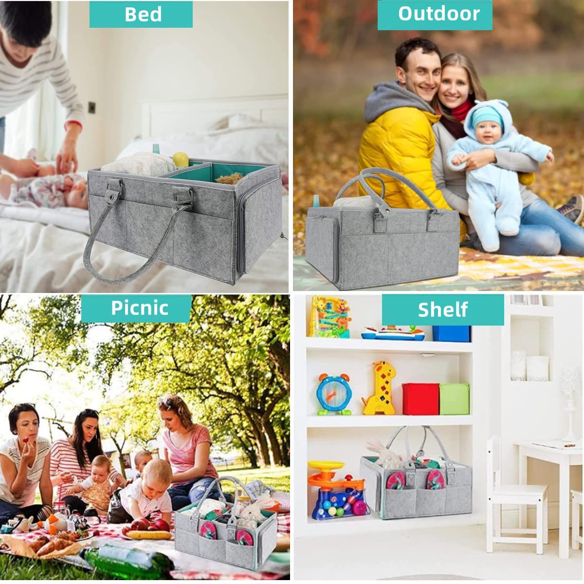 Upgrade Baby Diaper Caddy Organizer with Lid Large Diaper Basket Organizer Portable Tote Storage Bag for Travel Car Changing Table Nursery Foldable Felt Nursery Storage Bag Flexible Compartments