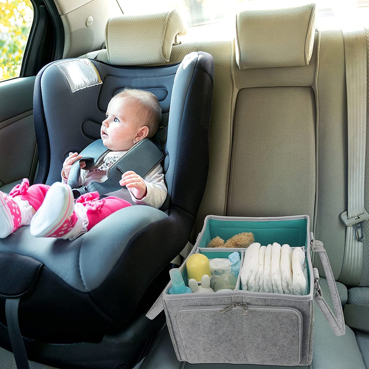Upgrade Baby Diaper Caddy Organizer with Lid Large Diaper Basket Organizer Portable Tote Storage Bag for Travel Car Changing Table Nursery Foldable Felt Nursery Storage Bag Flexible Compartments