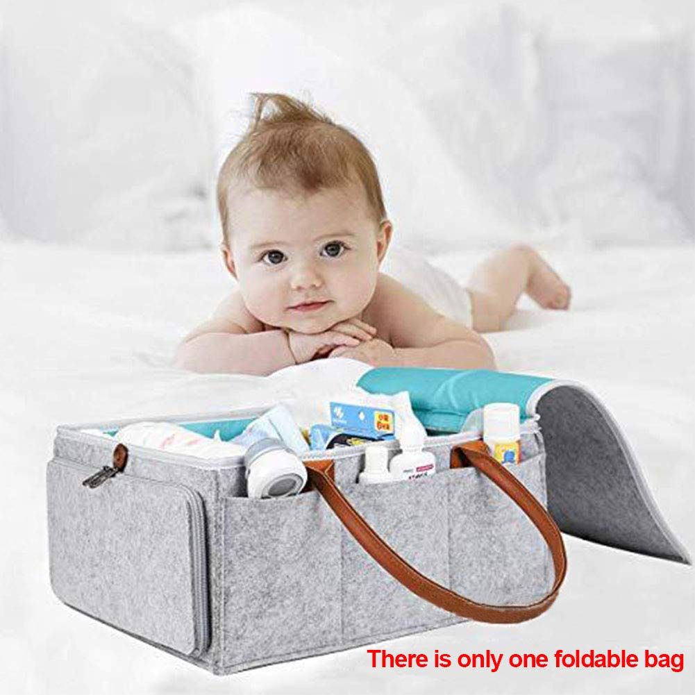 Upgrade Baby Diaper Caddy Organizer with Lid Large Diaper Basket Organizer Portable Tote Storage Bag for Travel Car Changing Table Nursery Foldable Felt Nursery Storage Bag Flexible Compartments