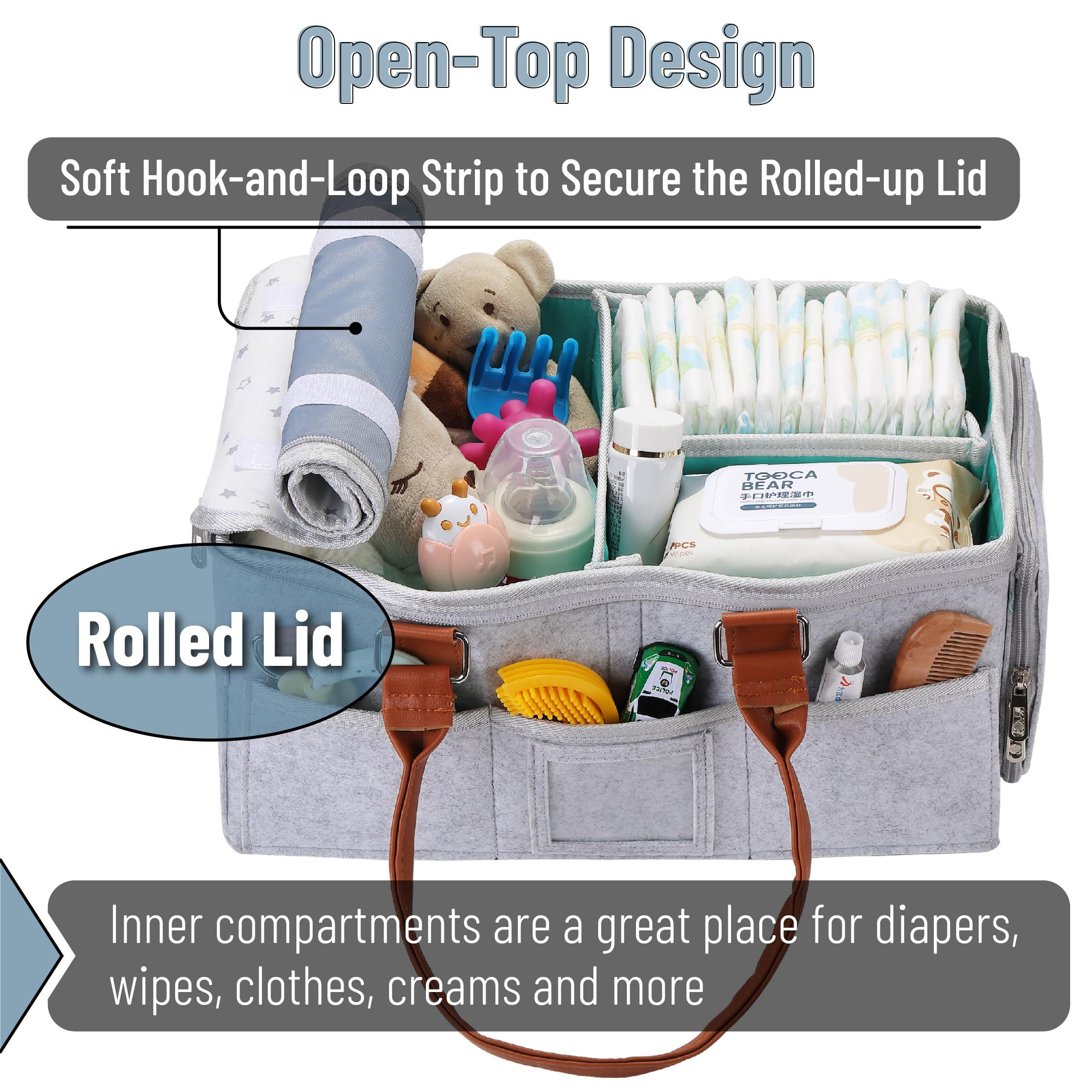 Upgrade Baby Diaper Caddy Organizer with Lid Large Diaper Basket Organizer Portable Tote Storage Bag for Travel Car Changing Table Nursery Foldable Felt Nursery Storage Bag Flexible Compartments