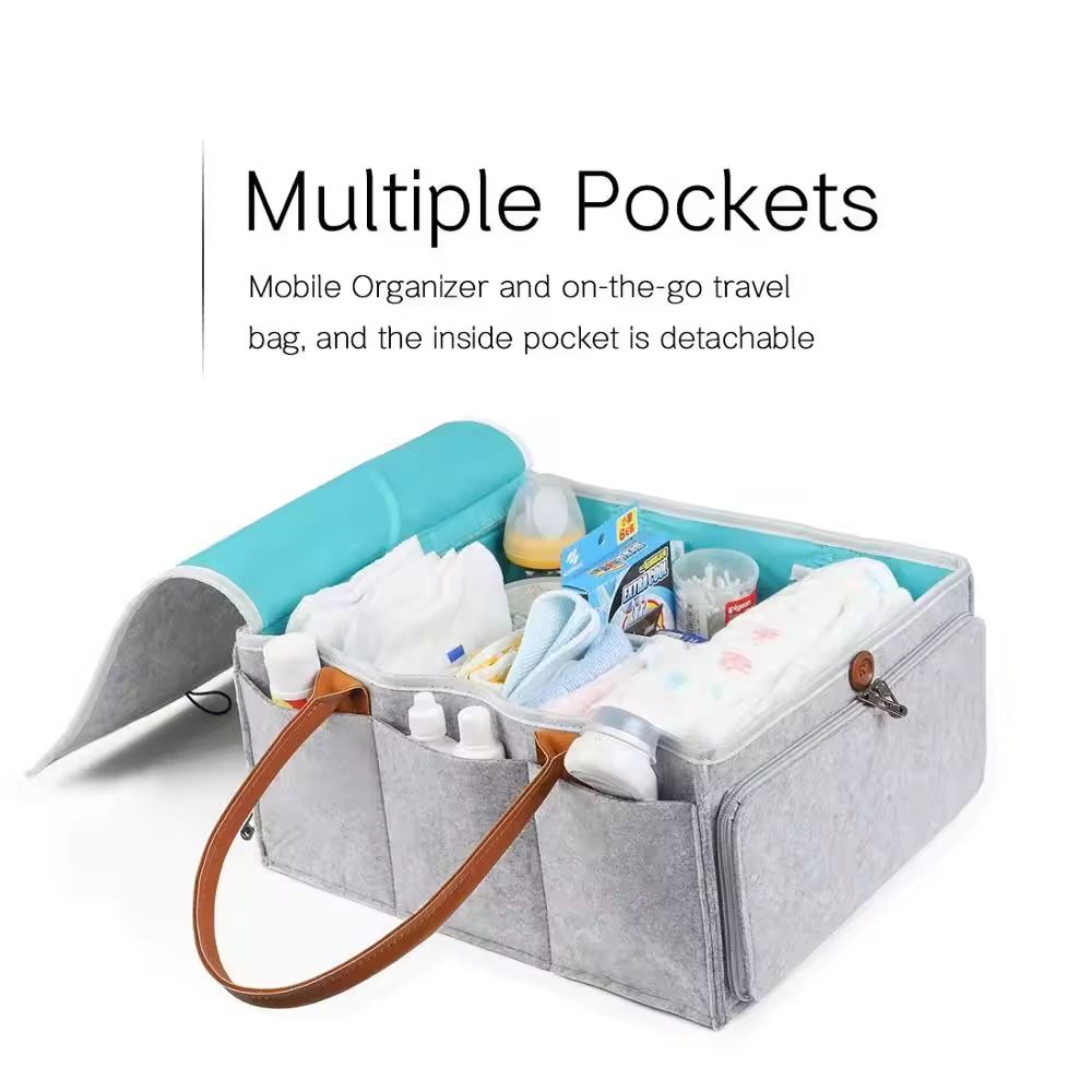 Upgrade Baby Diaper Caddy Organizer with Lid Large Diaper Basket Organizer Portable Tote Storage Bag for Travel Car Changing Table Nursery Foldable Felt Nursery Storage Bag Flexible Compartments