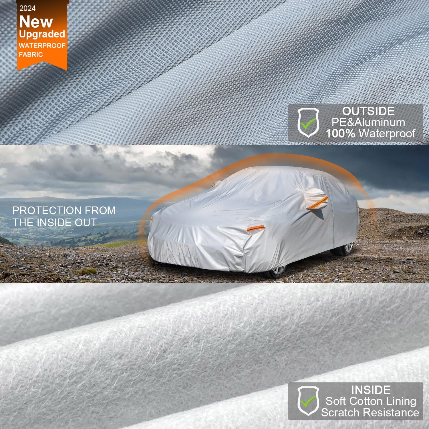 Car Cover Waterproof Breathable, Outdoor Full Cover Rain Sun UV Dust All Weather Protection, Universal Fit Most of car