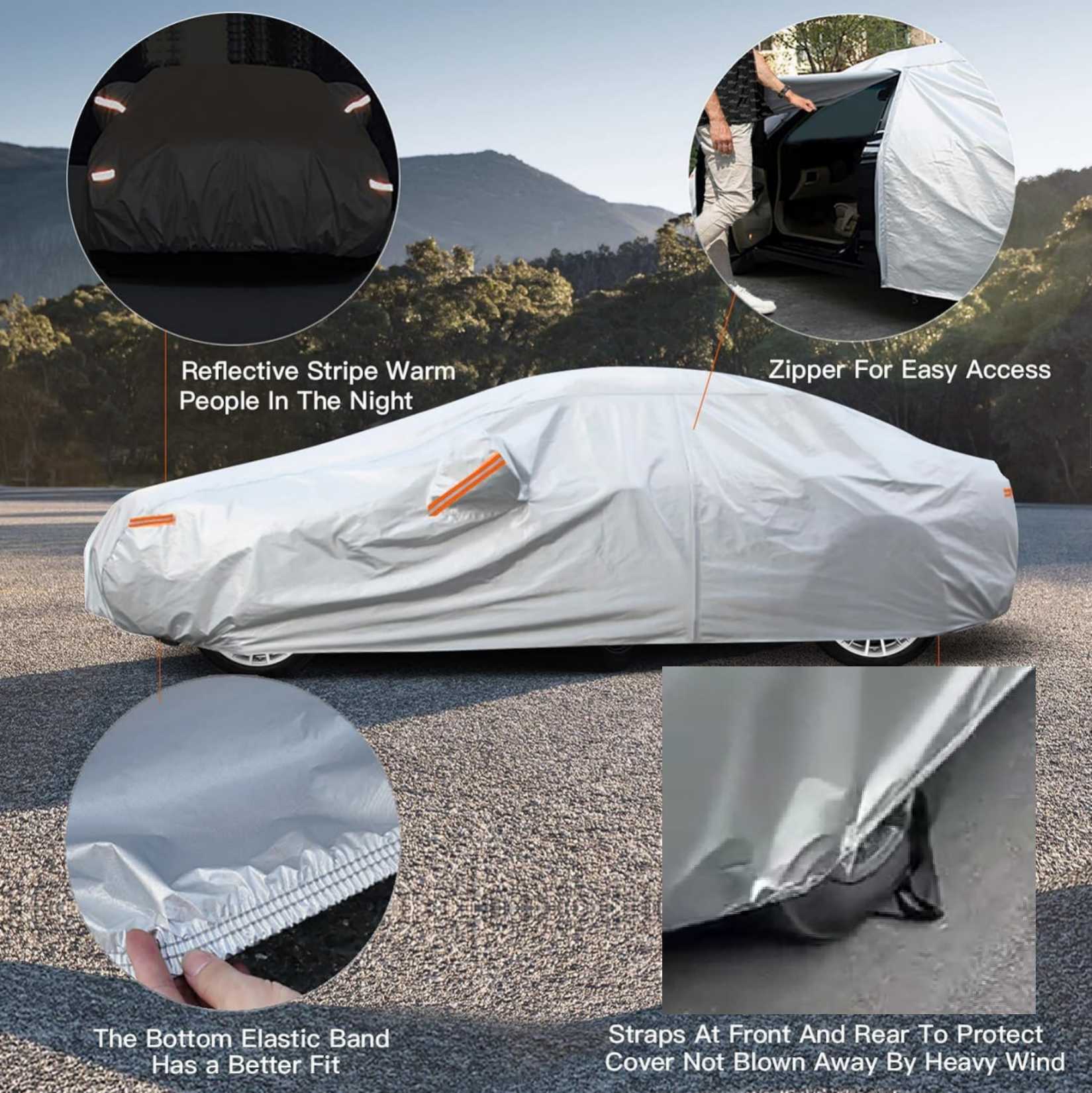 Car Cover Waterproof Breathable, Outdoor Full Cover Rain Sun UV Dust All Weather Protection, Universal Fit Most of car