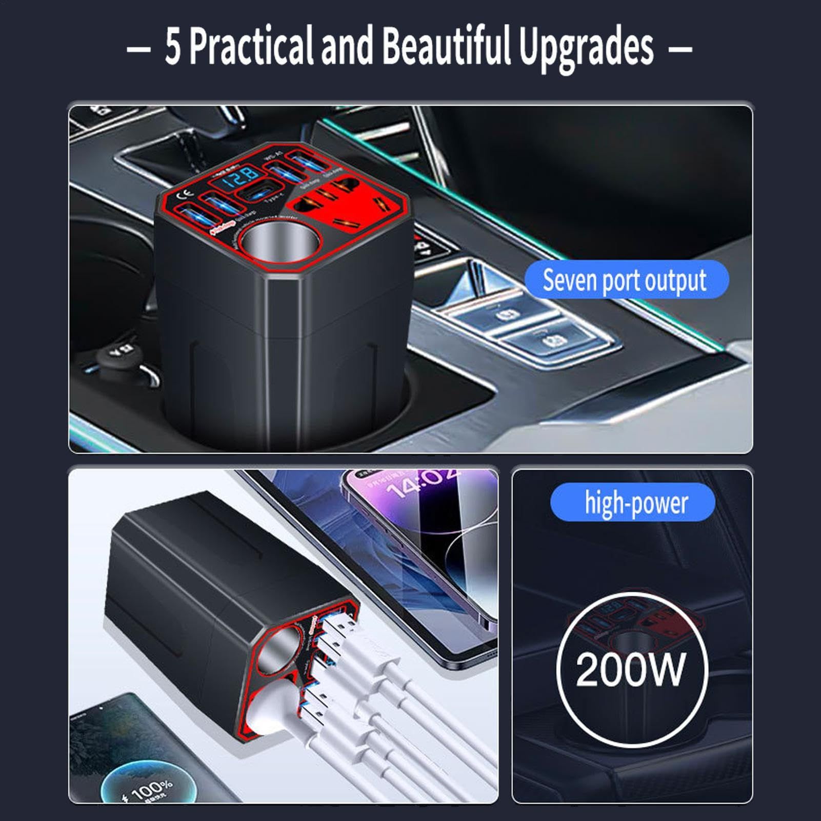 Power Inverter for Vehicle,Car Power Inverter,Multi-function Car Charger Adapter, Multi-function Multiport Converter Car Adapter Plug, Efficient Power Inverter for Vehicle
