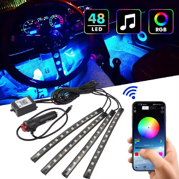 Car LED Light Strips 4pcs Car Interior Lights Music LED Atmosphere Light Kit 48 LEDs Light Strips with Sound-activated and Wireless Remote Control Lighting Accessories for Bluetooth APP Controller