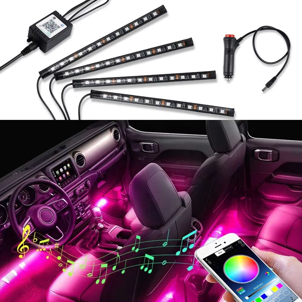 Car LED Light Strips 4pcs Car Interior Lights Music LED Atmosphere Light Kit 48 LEDs Light Strips with Sound-activated and Wireless Remote Control Lighting Accessories for Bluetooth APP Controller