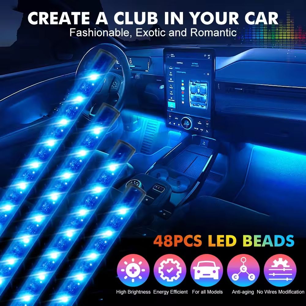 Car LED Light Strips 4pcs Car Interior Lights Music LED Atmosphere Light Kit 48 LEDs Light Strips with Sound-activated and Wireless Remote Control Lighting Accessories for Bluetooth APP Controller