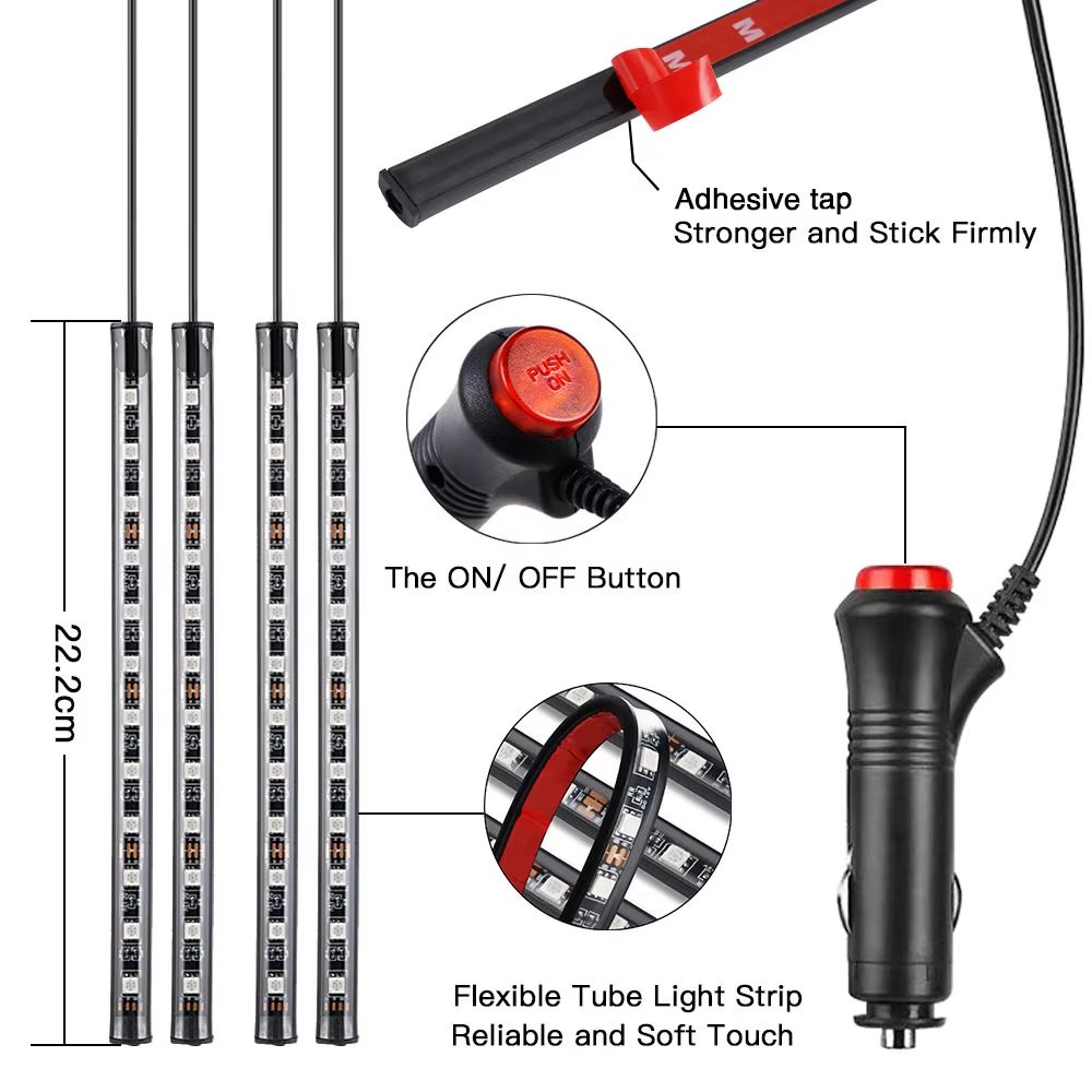 Car LED Light Strips 4pcs Car Interior Lights Music LED Atmosphere Light Kit 48 LEDs Light Strips with Sound-activated and Wireless Remote Control Lighting Accessories for Bluetooth APP Controller