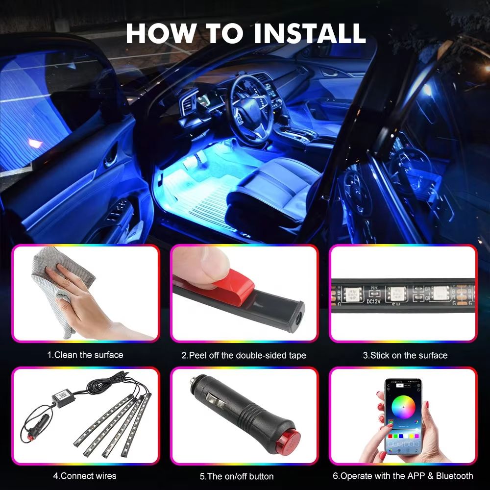 Car LED Light Strips 4pcs Car Interior Lights Music LED Atmosphere Light Kit 48 LEDs Light Strips with Sound-activated and Wireless Remote Control Lighting Accessories for Bluetooth APP Controller