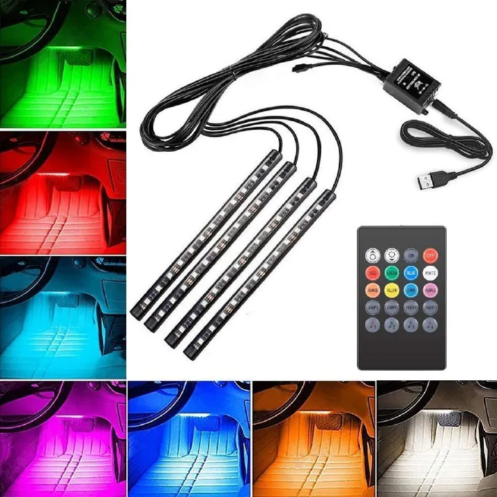 Car Interior Lighting LED Atmosphere Light, Car Strip Light Led Lights Interior Lighting USB Port Cars Charger Cars Light Bar with Remote Control, 4 in1 Waterproof Light Bar RGB Car Atmosphere Lights