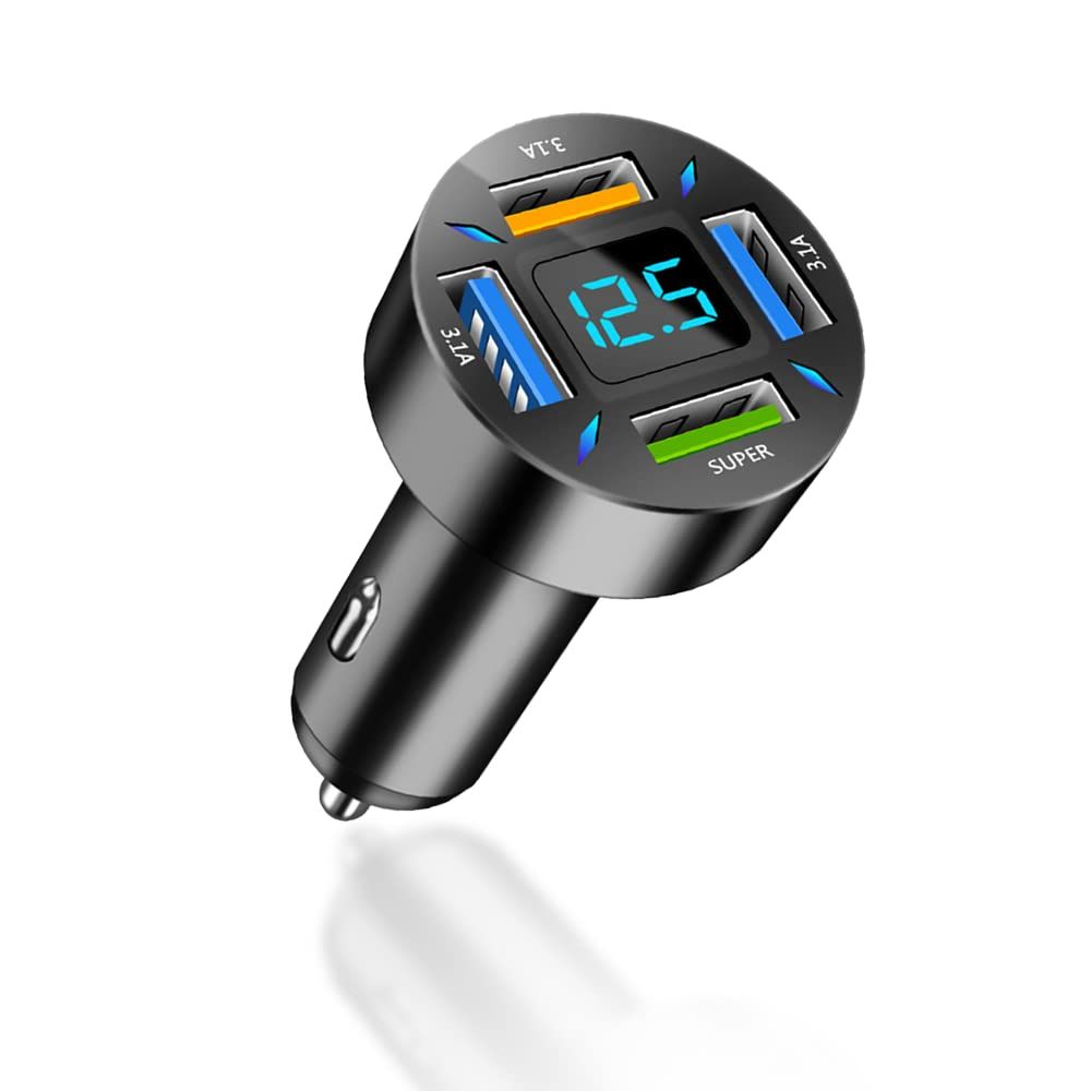 160W Fast Car Charger, 4-Port USB, Smart Power Charger Adapter with Voltmeter, Compatible Most Smartphones