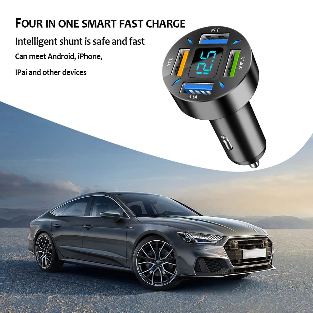 160W Fast Car Charger, 4-Port USB, Smart Power Charger Adapter with Voltmeter, Compatible Most Smartphones