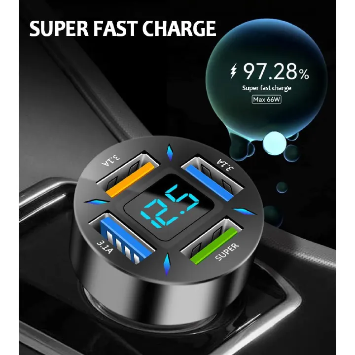 160W Fast Car Charger, 4-Port USB, Smart Power Charger Adapter with Voltmeter, Compatible Most Smartphones
