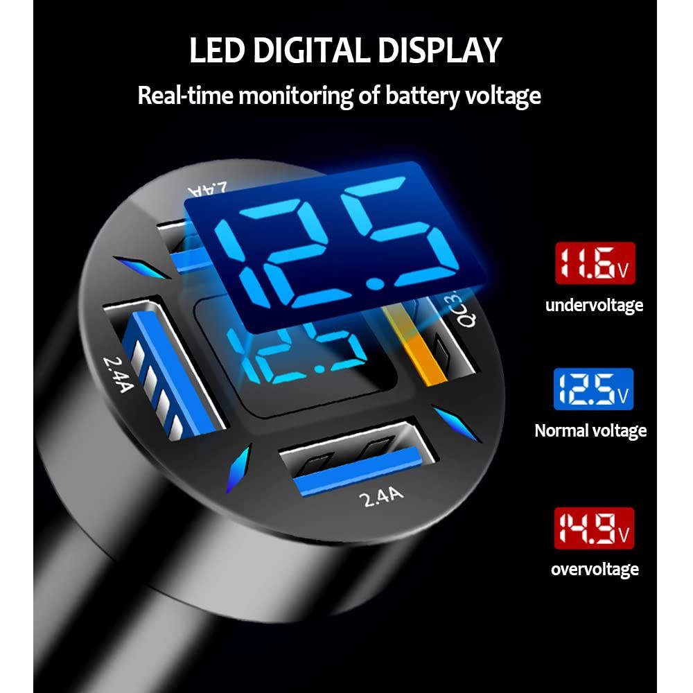 160W Fast Car Charger, 4-Port USB, Smart Power Charger Adapter with Voltmeter, Compatible Most Smartphones