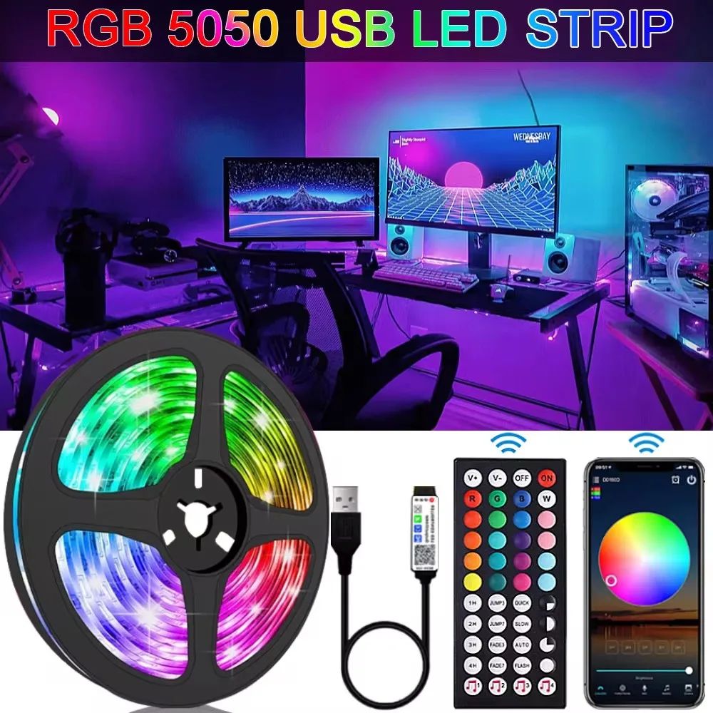 RGB LED Strip Light Remote App Control TV Led Backlight Flexible Ribbon Tape USB 5V Led Light for PC Gaming Bed Room Decoration Ourdoor Party TV Kitchem DIY Indoor Outdoor Festival Decoration