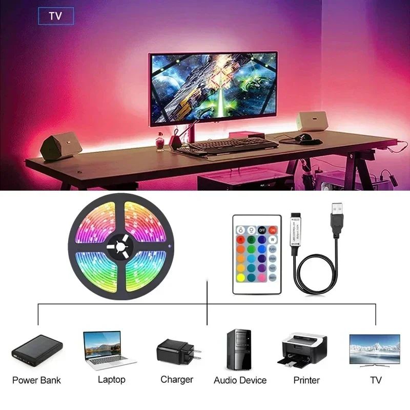RGB LED Strip Light Remote App Control TV Led Backlight Flexible Ribbon Tape USB 5V Led Light for PC Gaming Bed Room Decoration Ourdoor Party TV Kitchem DIY Indoor Outdoor Festival Decoration