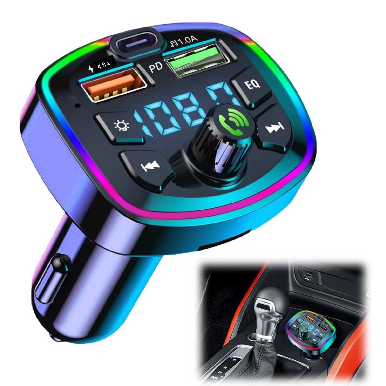 Bluetooth FM Transmitter 5.3 Wireless Car Adapter Support USB 4.8A and PD 20W Fast Charging FM Transmitter Radio Receiver Hands-Free Calling Support TF Card/LED Screen/EQ Function/U Disk