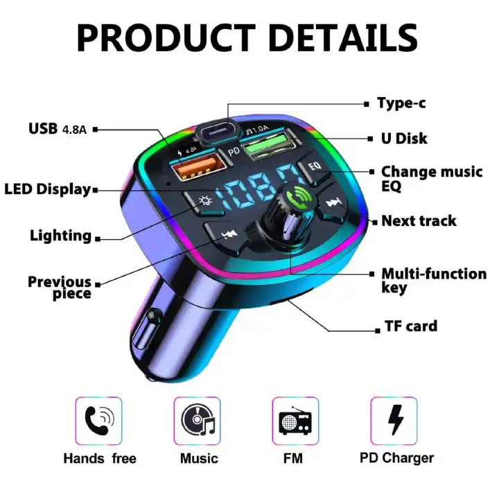 Bluetooth FM Transmitter 5.3 Wireless Car Adapter Support USB 4.8A and PD 20W Fast Charging FM Transmitter Radio Receiver Hands-Free Calling Support TF Card/LED Screen/EQ Function/U Disk