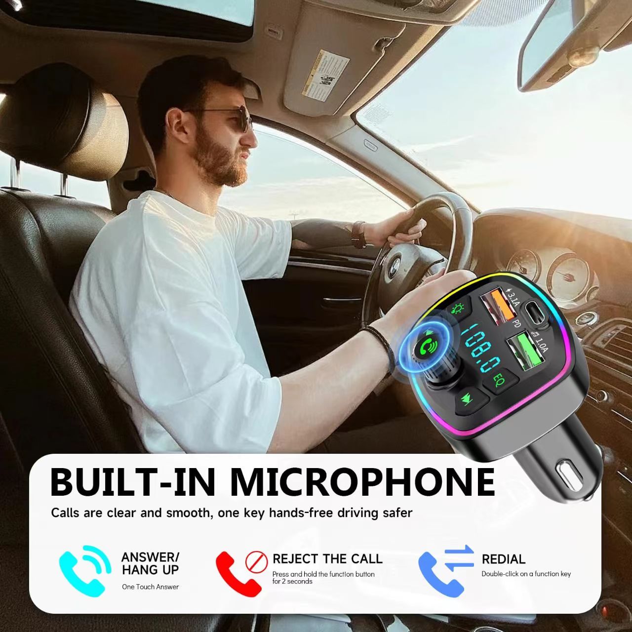Bluetooth FM Transmitter 5.3 Wireless Car Adapter Support USB 4.8A and PD 20W Fast Charging FM Transmitter Radio Receiver Hands-Free Calling Support TF Card/LED Screen/EQ Function/U Disk