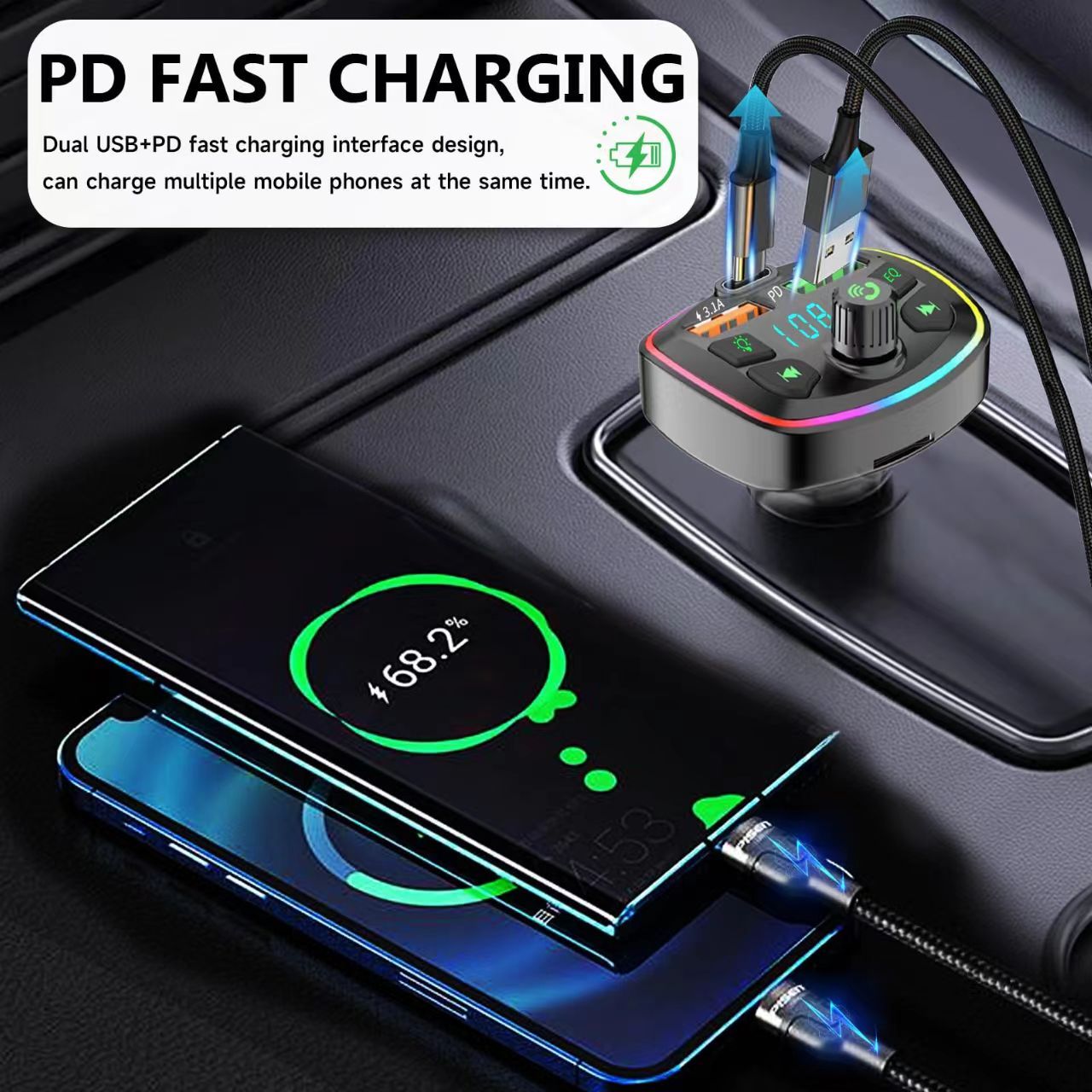 Bluetooth FM Transmitter 5.3 Wireless Car Adapter Support USB 4.8A and PD 20W Fast Charging FM Transmitter Radio Receiver Hands-Free Calling Support TF Card/LED Screen/EQ Function/U Disk